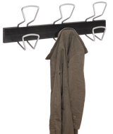 Wall-mounted coat rack with metal hooks holding a green jacket, office organizer
