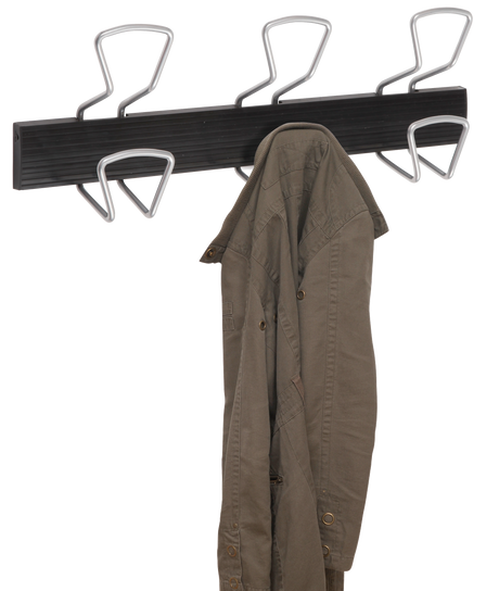 Wall-mounted coat rack with metal hooks holding a green jacket, office organizer