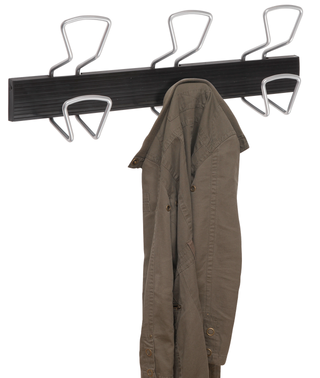 Wall-mounted coat rack with metal hooks holding a green jacket, office organizer