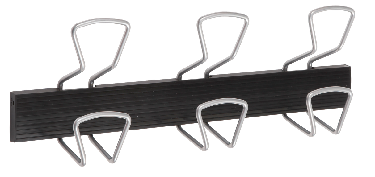 Wall-mounted black and silver organizer rack with four metal hooks for office or workspace