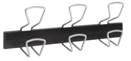 Wall-mounted black and silver organizer rack with four metal hooks for office or workspace