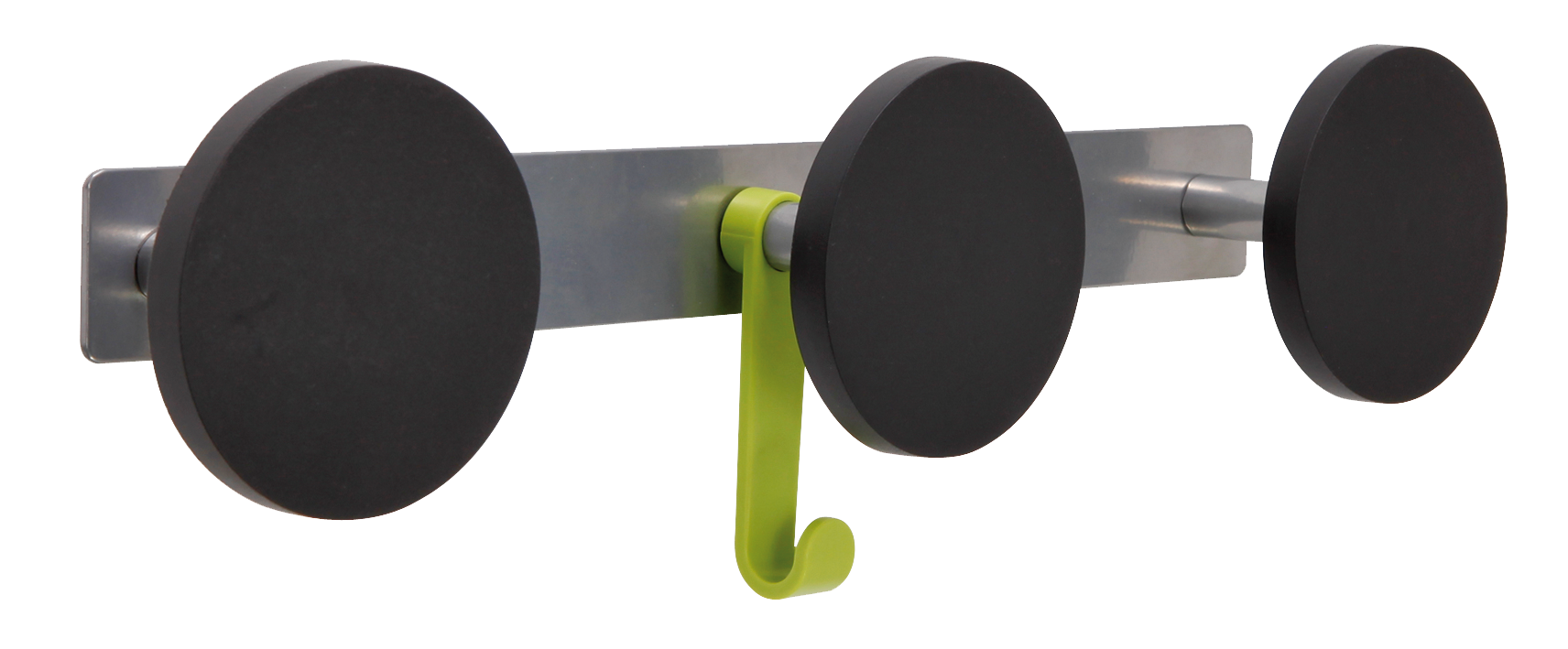 Modern wall-mounted coat rack with three black round hooks and a green hanging hook