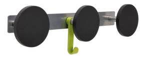 Alba modern wall coat peg rack with three rounded black pegs and a lime green umbrella hook.