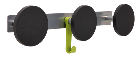 Modern wall-mounted coat rack with three black round hooks and a green hanging hook