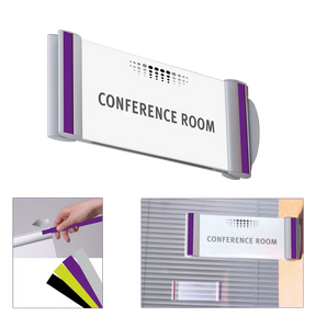 Alba double-sided wall sign holder displaying 'CONFERENCE ROOM' with purple accents.
