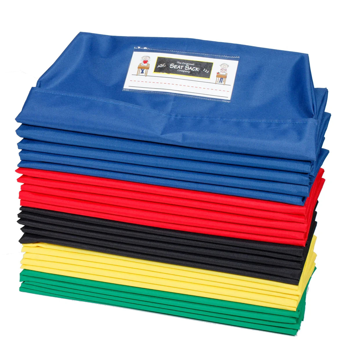 Stack of colorful classroom seat sacks in blue, red, black, yellow, and green