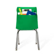 Green Seat Sack organizer on a classroom chair holding school supplies, books, ruler, pouch