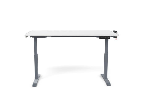 Modern adjustable standing desk with white tabletop and gray legs, ideal for office workspace