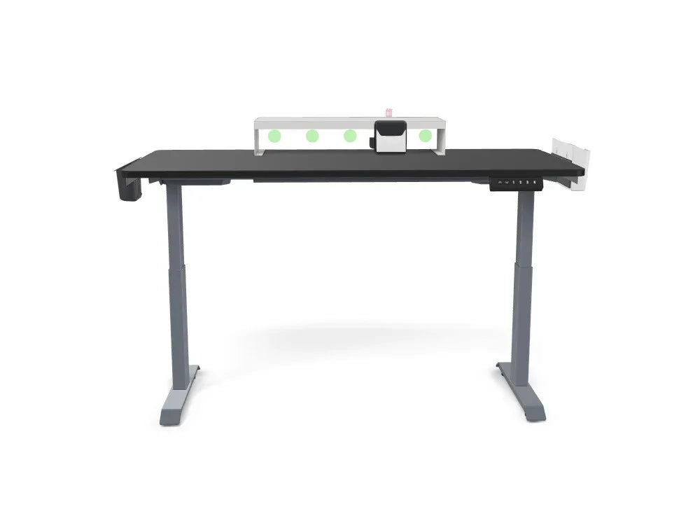 Adjustable standing desk with digital controls and workspace organizer on white background