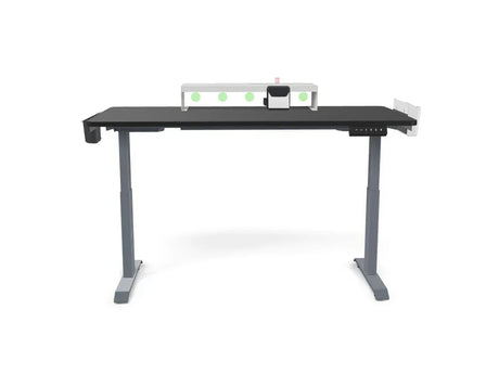 Adjustable standing desk with digital controls and workspace organizer on white background