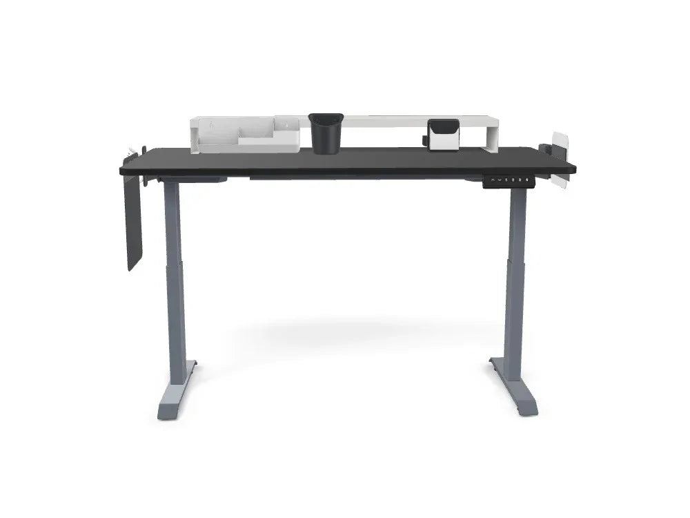 Adjustable standing desk with black tabletop, grey legs, and workspace organizer accessories.
