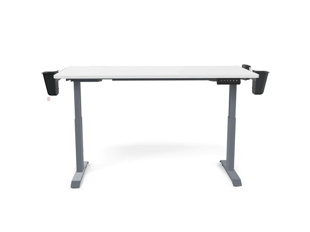 White adjustable standing desk with black side attachments and gray legs on white background