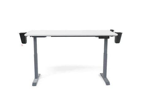 White adjustable standing desk with black side attachments and gray legs on white background