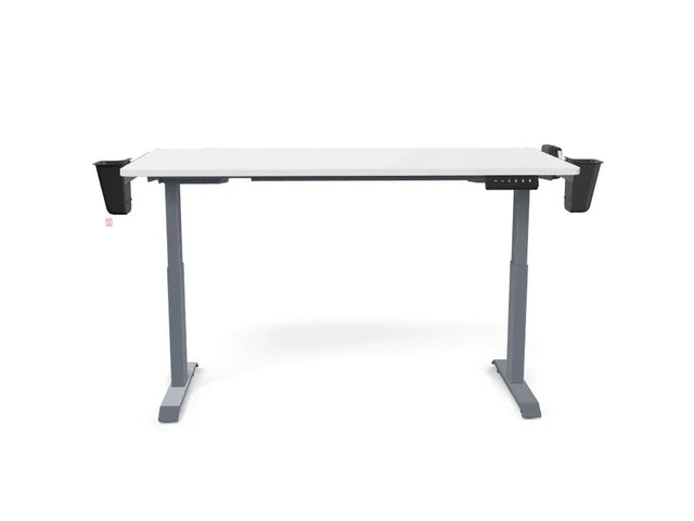 White adjustable standing desk with black side attachments and gray legs on white background