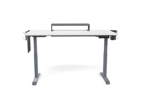 Victor® white motorized standing desk with grey legs and built-in desk shelf