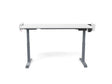 Adjustable standing desk with white tabletop and gray metal legs, office workspace furniture