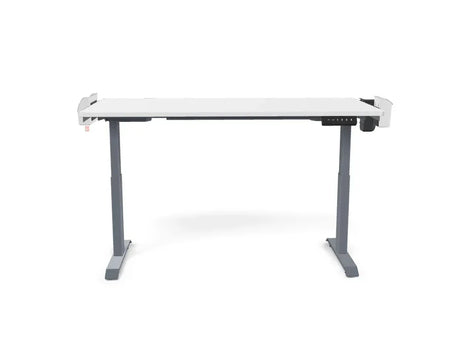 Adjustable standing desk with white tabletop and gray metal legs, office workspace furniture