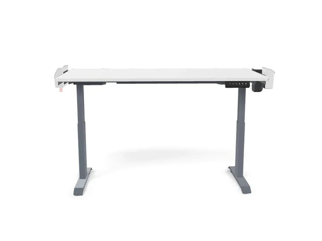 Adjustable standing desk with white tabletop and gray metal legs, office workspace furniture
