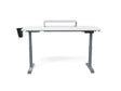 Adjustable standing desk with white tabletop, metal legs, monitor riser, cup holder, and control panel