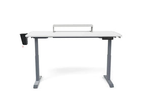 Victor® white adjustable height standing desk with gray legs and monitor riser