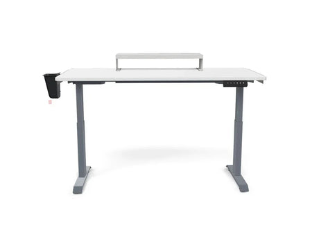 Adjustable standing desk with white tabletop, metal legs, monitor riser, cup holder, and control panel