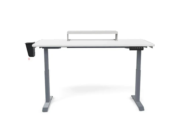 Adjustable standing desk with white tabletop, metal legs, monitor riser, cup holder, and control panel