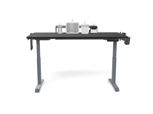 Black height-adjustable standing desk with workspace organizers and modern accessories