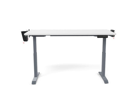 Height adjustable standing desk with white tabletop and gray metal legs, featuring side storage compartments.