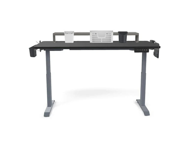 Adjustable standing desk with organizer accessories and cup holders on white background