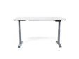 Height adjustable standing desk with gray metal legs and digital controls on white background