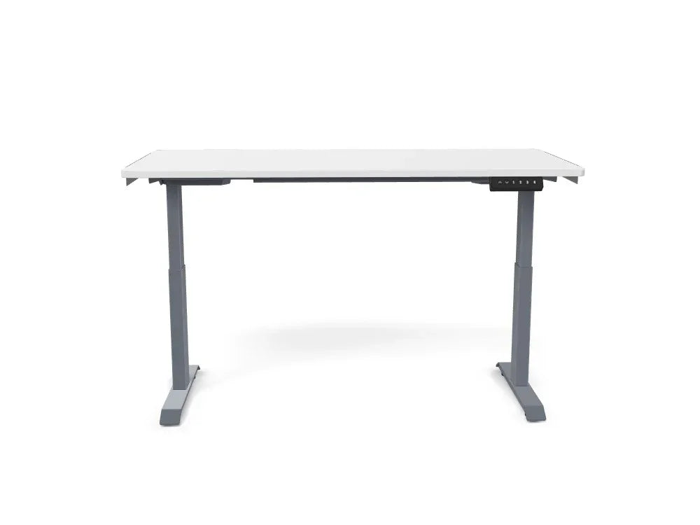 Height adjustable standing desk with gray metal legs and digital controls on white background