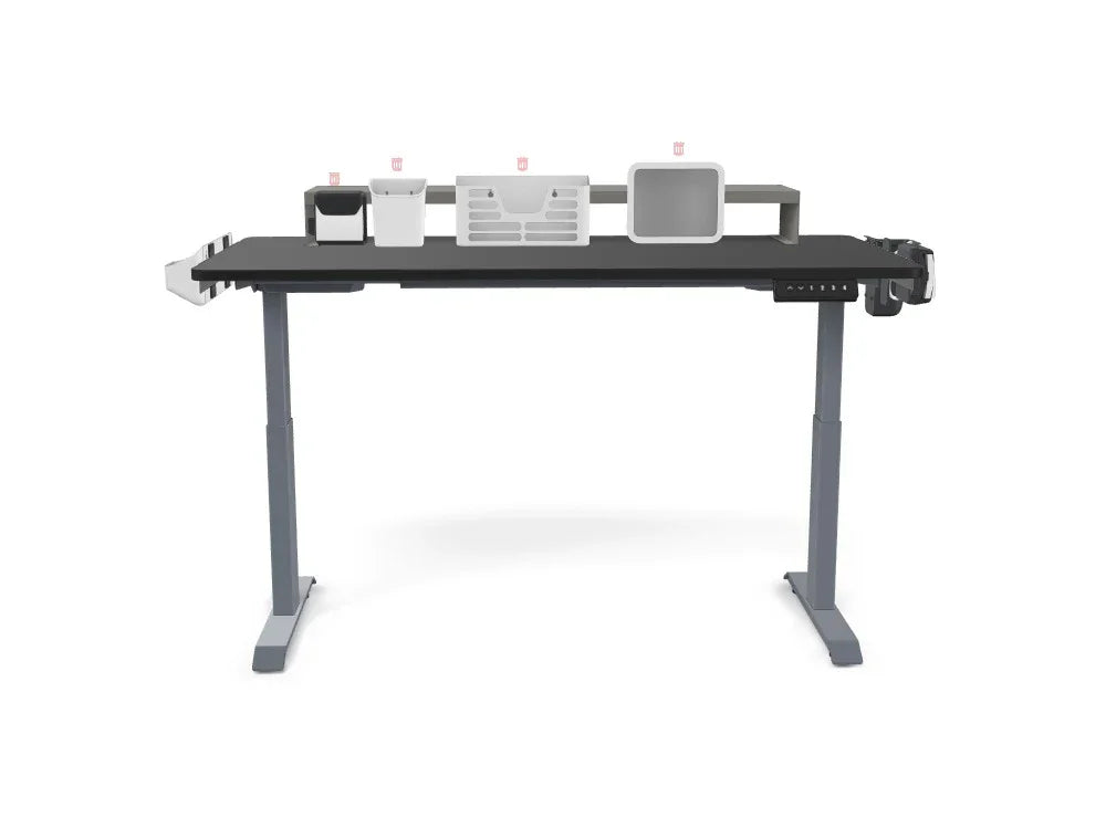 Standing desk with adjustable height and desktop organizers, ideal for office workspace