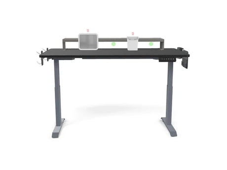 Standing desk with organizer shelf, black tabletop, and metal legs for office workspace