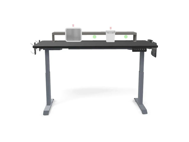 Standing desk with organizer shelf, black tabletop, and metal legs for office workspace