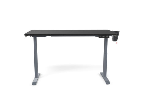 Modern electric standing desk with black tabletop and gray adjustable legs, ideal for office workspace