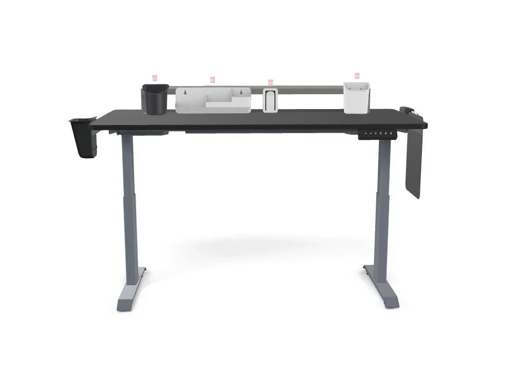 Adjustable standing desk with storage organizers and workspace accessories, ideal for office or home
