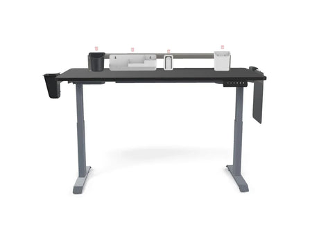 Adjustable standing desk with storage organizers and workspace accessories, ideal for office or home