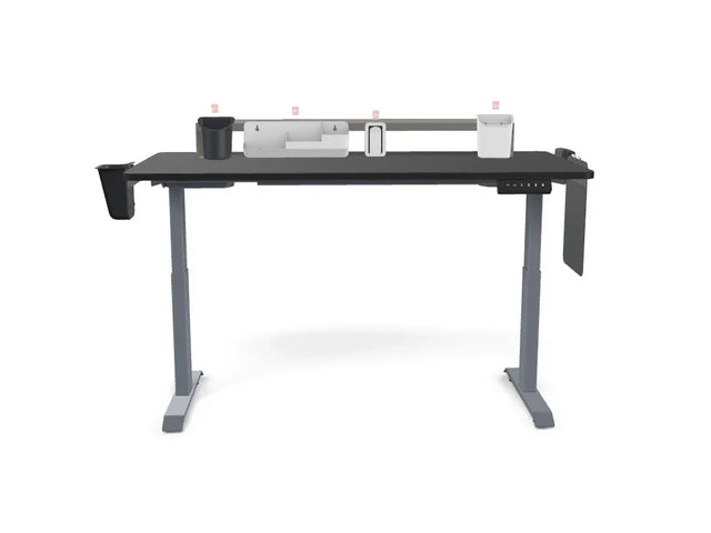 Adjustable standing desk with storage organizers and workspace accessories, ideal for office or home
