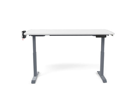 Modern adjustable standing desk with gray legs and white desktop, office workspace furniture