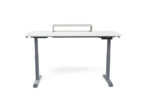 Victor® adjustable height white standing desk with gray legs and a built-in monitor shelf