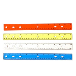 Officemate Achieva 12-inch shatter-proof rulers in orange, yellow, clear, and blue.