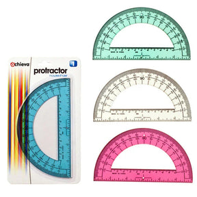 Three colorful Officemate 6-inch protractors in green, clear, and pink.