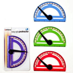 Three Officemate easy grip protractors with swing arms in blue, green, and red colors.