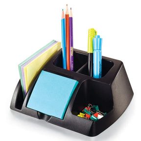 Officemate Achieva black desk organizer with sticky notes, pencils, and paper clips