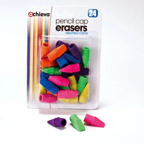 Pack of 24 assorted colorful Officemate® pencil cap erasers.