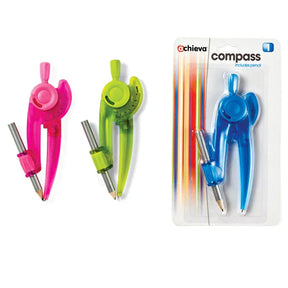 Officemate Plastic Compasses with pencils in pink, green, and blue packaging.