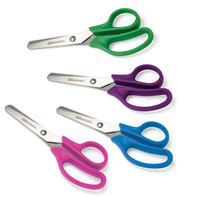 Four pairs of colorful Officemate school scissors in green, purple, blue, and pink.