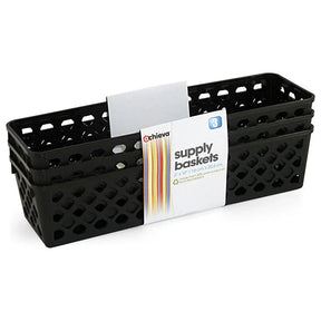 3-pack of long black Officemate supply baskets for office and school organization