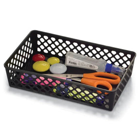 Black Officemate® Achieva® supply basket filled with school and office supplies
