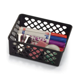 Black Officemate Achieva supply basket filled with markers, clips, and office supplies.